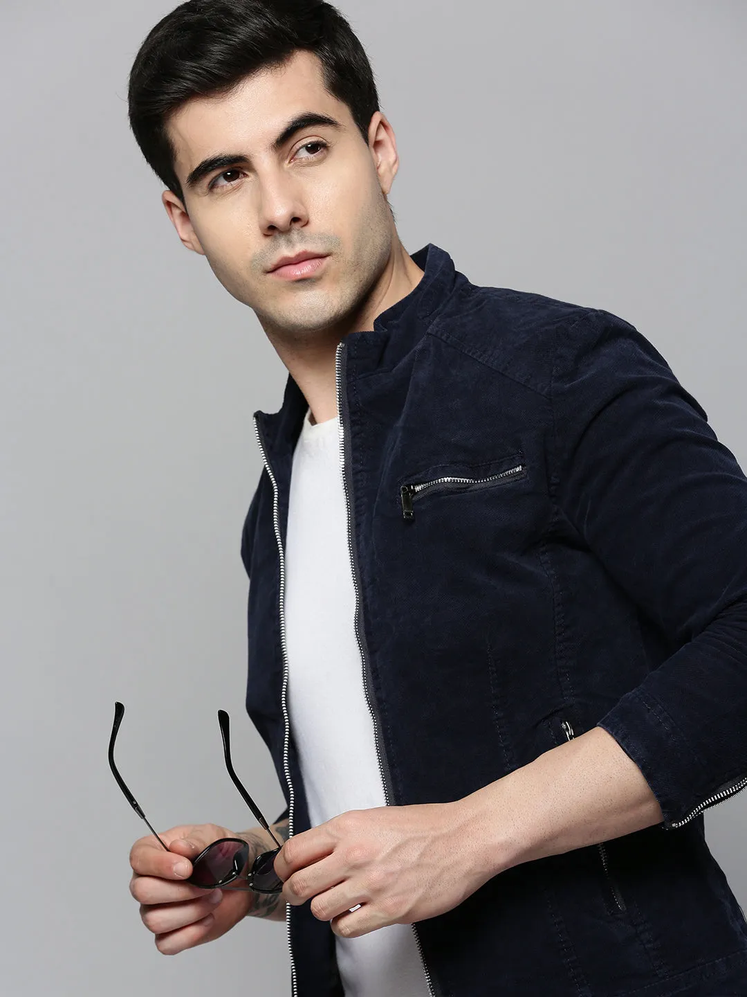 Men Navy Blue Bomber Jacket