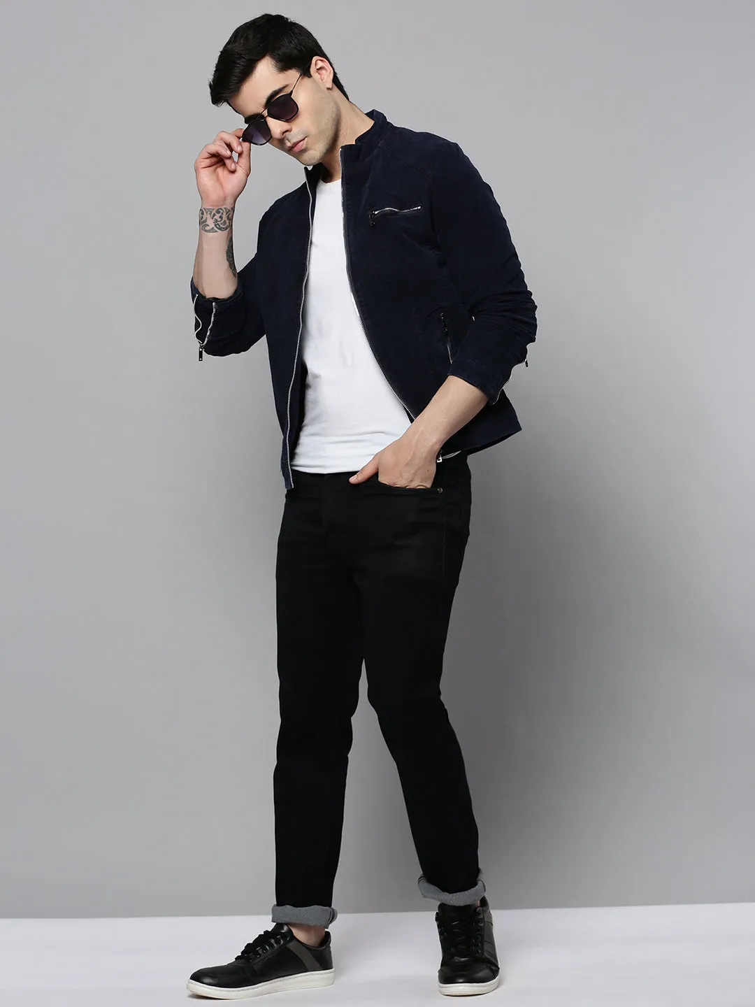 Men Navy Blue Bomber Jacket