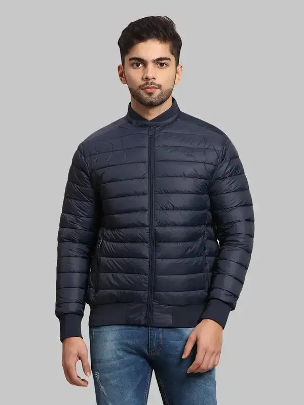 Men Navy Tailored Fit Solid Polyester Full Sleeve Bomber Jackets