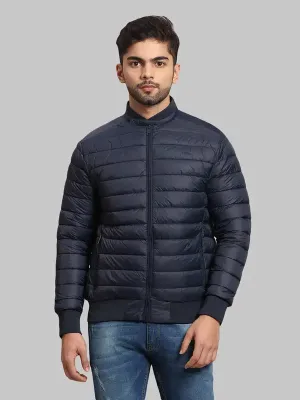 Men Navy Tailored Fit Solid Polyester Full Sleeve Bomber Jackets