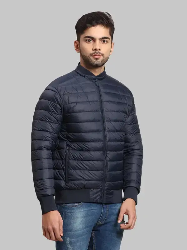 Men Navy Tailored Fit Solid Polyester Full Sleeve Bomber Jackets