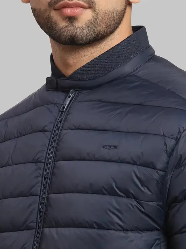 Men Navy Tailored Fit Solid Polyester Full Sleeve Bomber Jackets