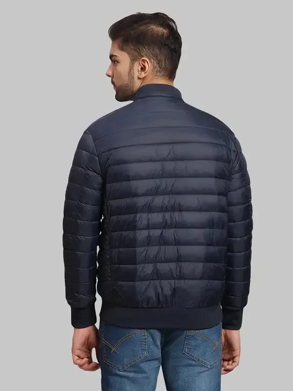 Men Navy Tailored Fit Solid Polyester Full Sleeve Bomber Jackets