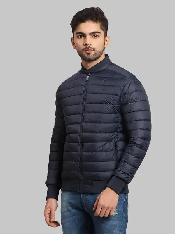 Men Navy Tailored Fit Solid Polyester Full Sleeve Bomber Jackets