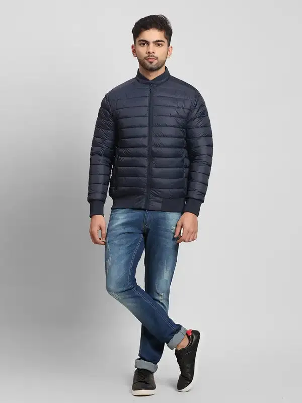 Men Navy Tailored Fit Solid Polyester Full Sleeve Bomber Jackets
