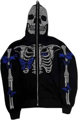 Men Rhinestone Y2k Full Zip Up Hoodies Women Oversized Skull Skeleton Sweatshirt Zip Over Face Gothic Jacket