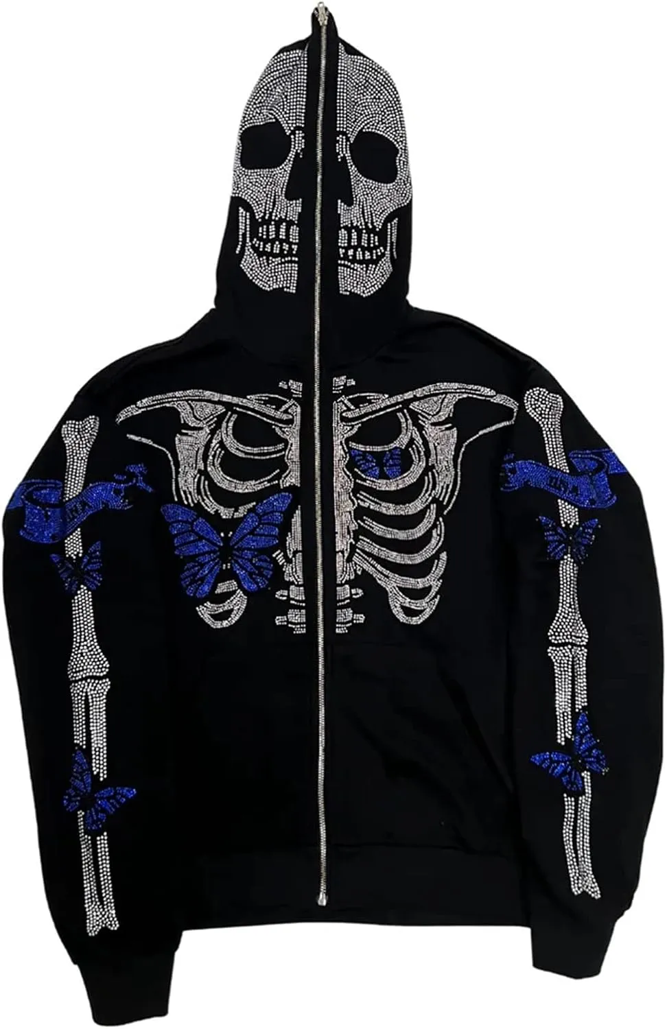 Men Rhinestone Y2k Full Zip Up Hoodies Women Oversized Skull Skeleton Sweatshirt Zip Over Face Gothic Jacket