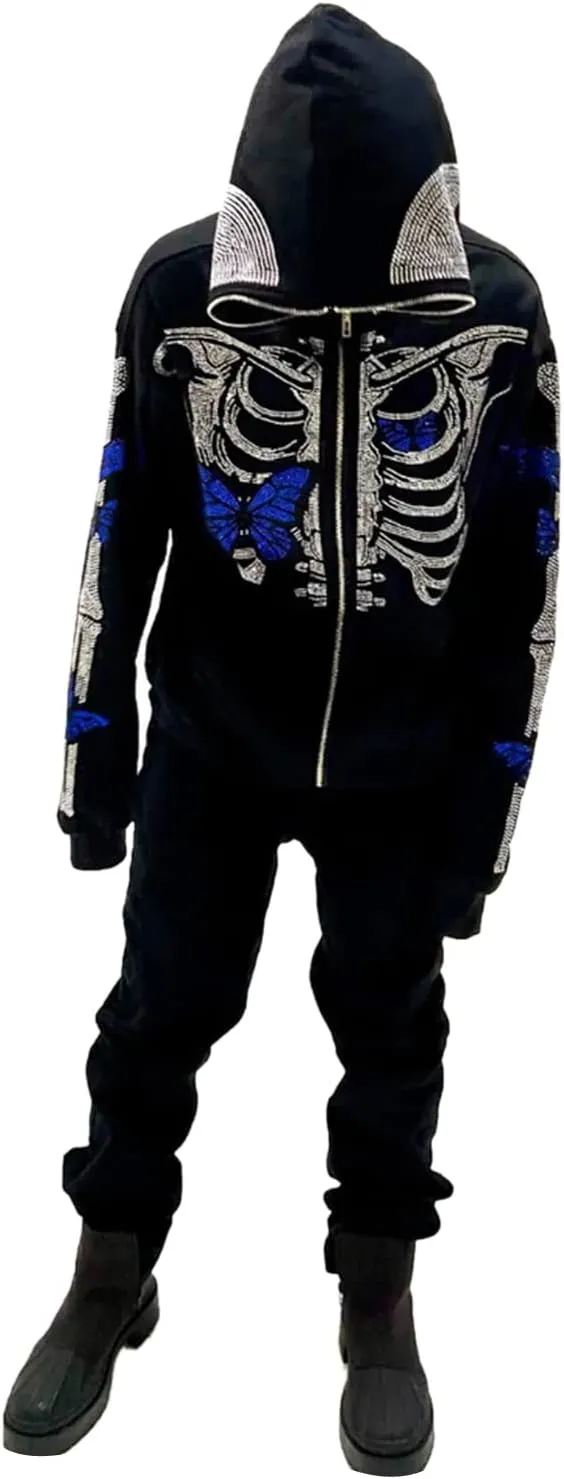 Men Rhinestone Y2k Full Zip Up Hoodies Women Oversized Skull Skeleton Sweatshirt Zip Over Face Gothic Jacket