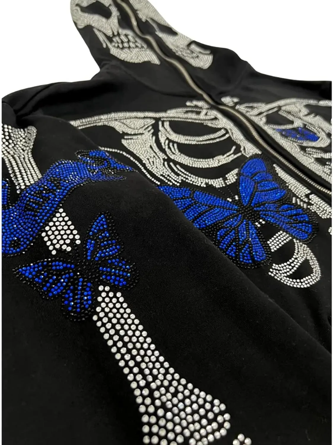 Men Rhinestone Y2k Full Zip Up Hoodies Women Oversized Skull Skeleton Sweatshirt Zip Over Face Gothic Jacket