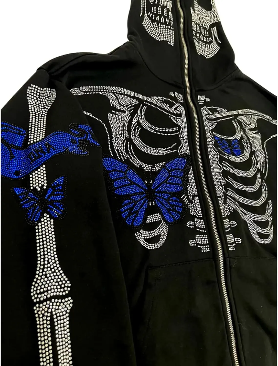 Men Rhinestone Y2k Full Zip Up Hoodies Women Oversized Skull Skeleton Sweatshirt Zip Over Face Gothic Jacket