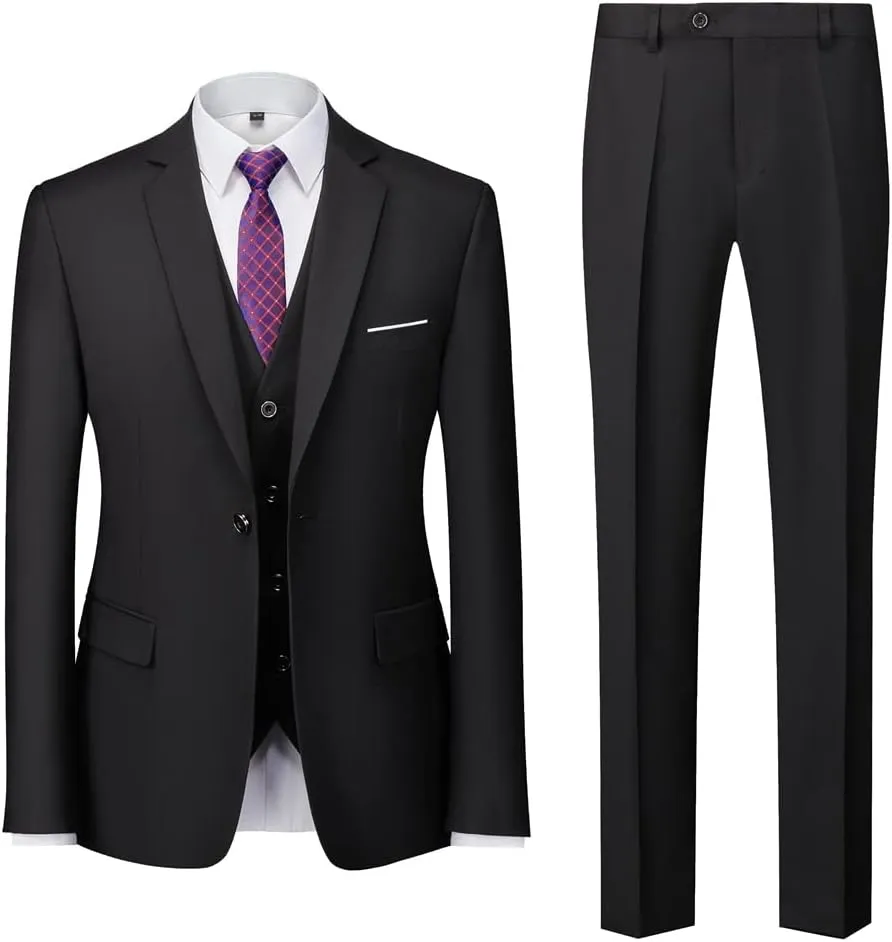 Men's Casual Business Suit 3-Piece Men's Two-Button Suit Pants Pants Undershirt Undershirt(E,Asian S is EUR XXS)