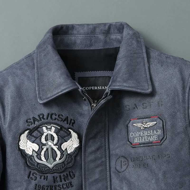 Men’s Embroidery Motorcycle Jackets with Big Pockets / Zippers Genuine Leather Jackets
