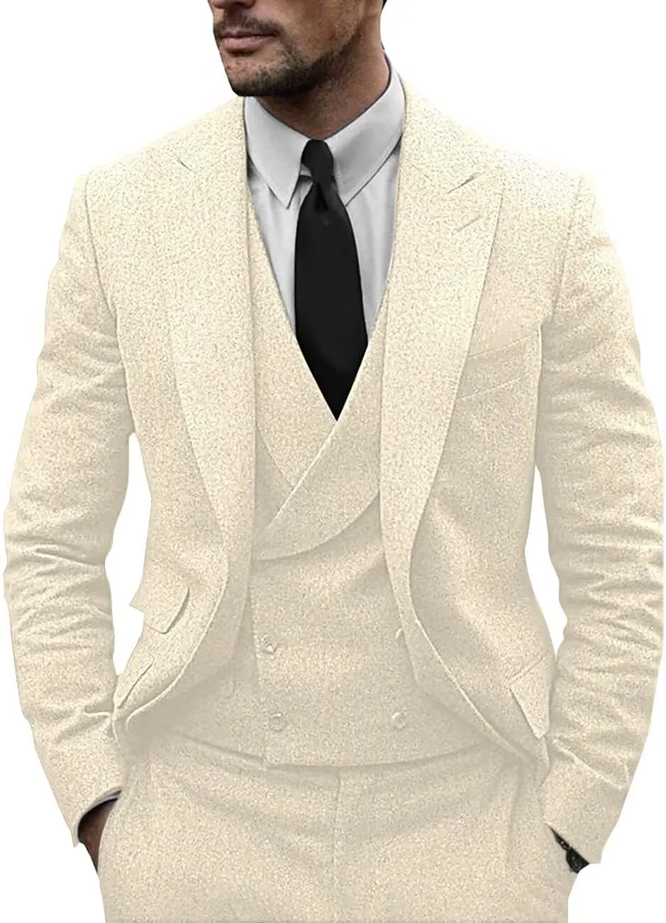 Men's Silk-Cotton Fine Tweed Wool Suits 3 Piece Slim Fit Wedding Suit Prom Tuxedos Brown Grey Jacket Vest Pants