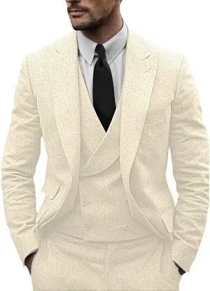 Men's Silk-Cotton Fine Tweed Wool Suits 3 Piece Slim Fit Wedding Suit Prom Tuxedos Brown Grey Jacket Vest Pants