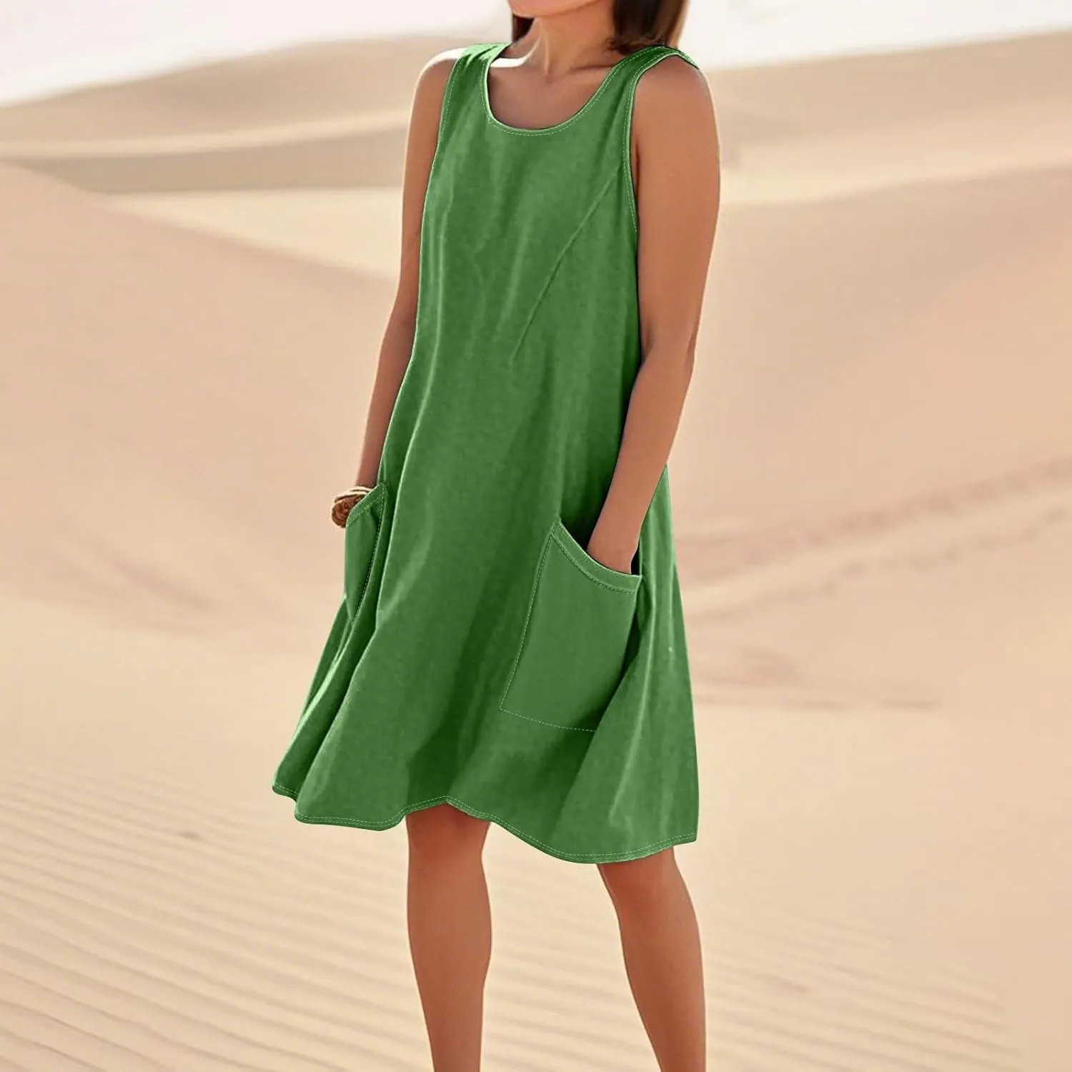Mini Linen Dresses for Women 2025 Summer Sundress Sleeveless Elegant Flowy Plus Size Loose Tank Dress with Pockets