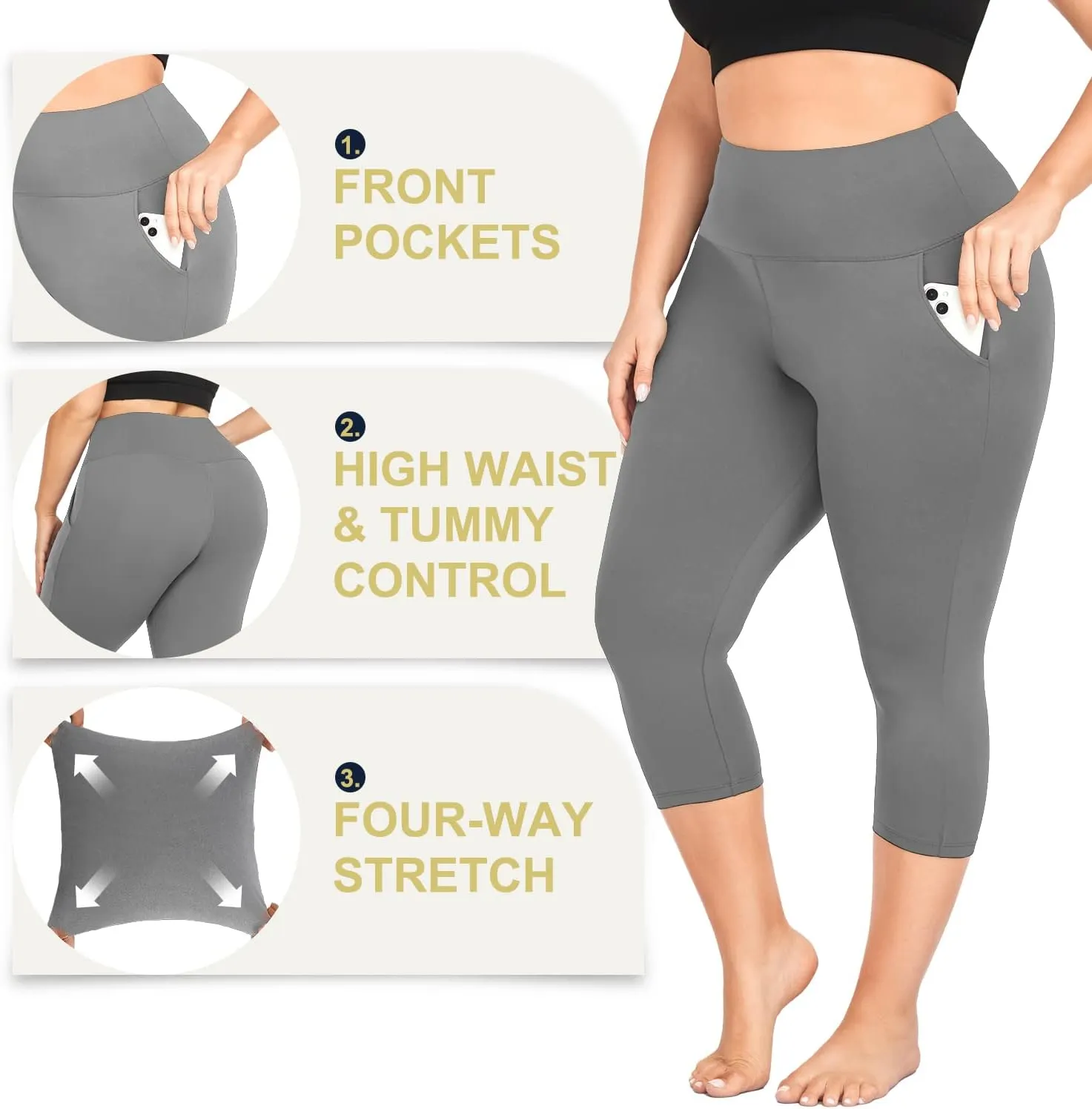 MOREFEEL Capri Plus Size Leggings for Women with Pockets-Stretchy XL-4XL Tummy Control High Waist Workout Black Yoga Pants