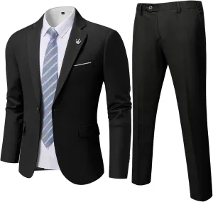MY'S Men's 2 Piece Suit, One Button Slim Fit Jacket and Pants with Tie, Classic Blazer for Weddings Business Party