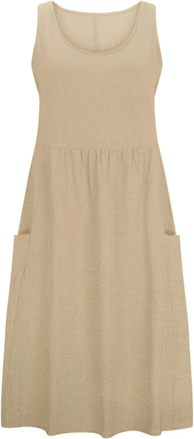 Mzkdieey Maxi Dresses for Women Summer Crew Neck Sleeveless Long Beach Dresses Plain Casual Loose Sundress with Pockets