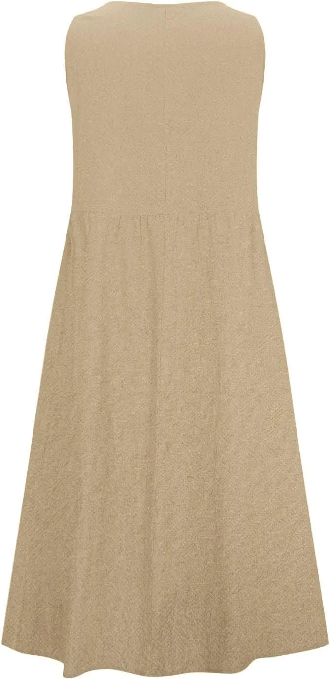 Mzkdieey Maxi Dresses for Women Summer Crew Neck Sleeveless Long Beach Dresses Plain Casual Loose Sundress with Pockets