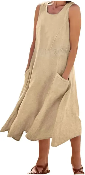 Mzkdieey Maxi Dresses for Women Summer Crew Neck Sleeveless Long Beach Dresses Plain Casual Loose Sundress with Pockets