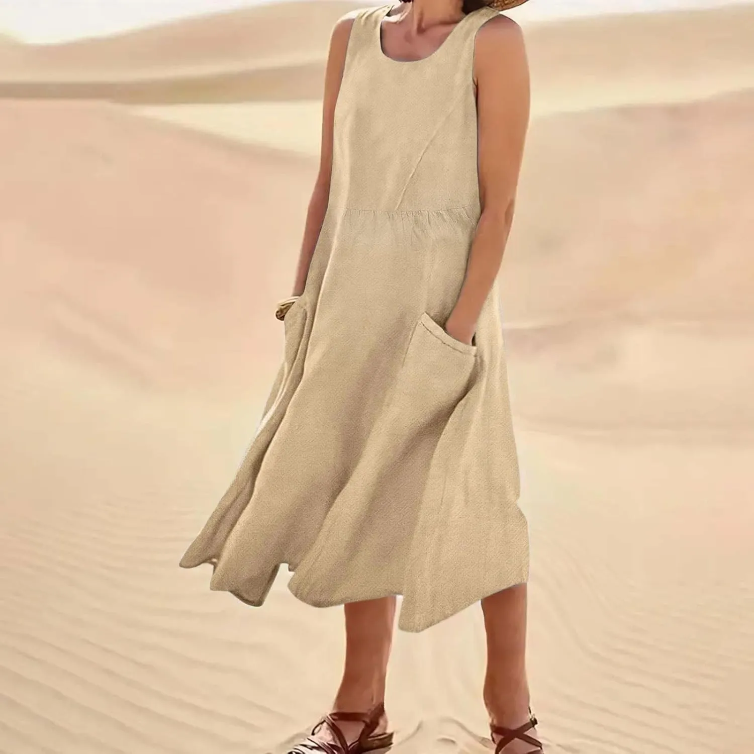 Mzkdieey Maxi Dresses for Women Summer Crew Neck Sleeveless Long Beach Dresses Plain Casual Loose Sundress with Pockets