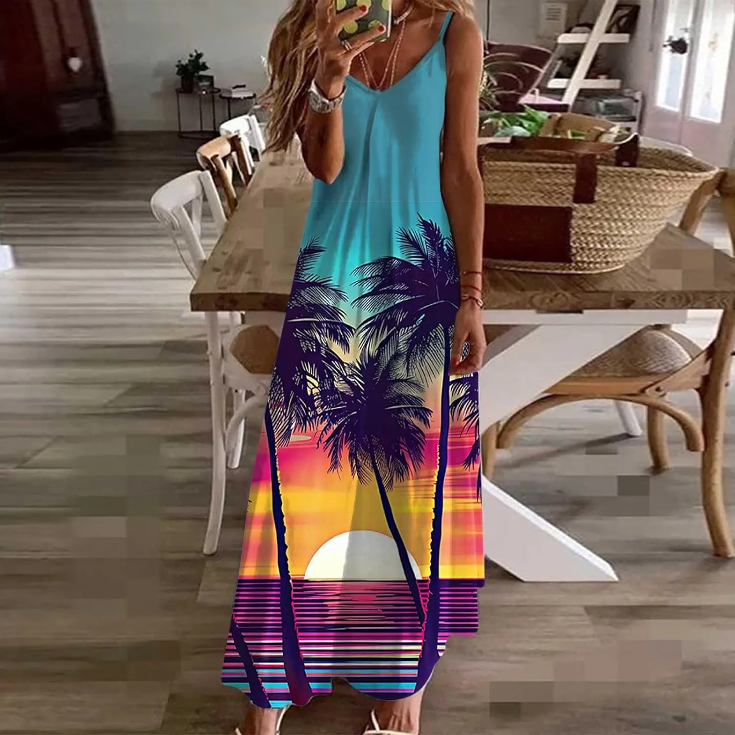 Mzkdieey Women's Beach Palm Trees Print Tropical Hawaiian Dress Spaghetti Strap V Neck Boho Long Maxi Dress Summer Sundress