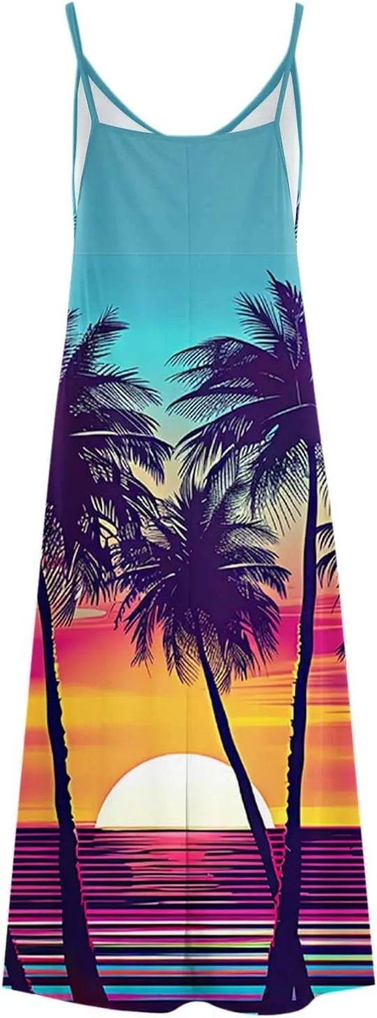 Mzkdieey Women's Beach Palm Trees Print Tropical Hawaiian Dress Spaghetti Strap V Neck Boho Long Maxi Dress Summer Sundress