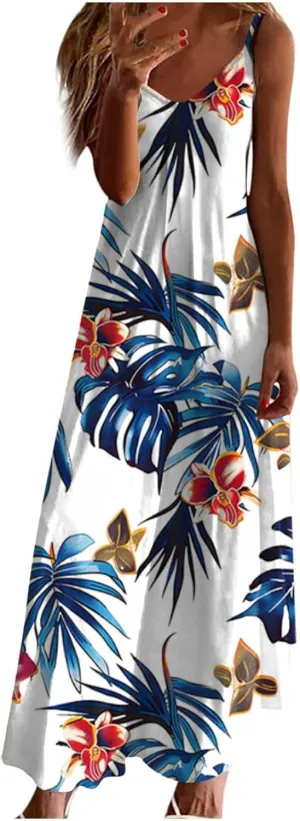 Mzkdieey Women's Beach Palm Trees Print Tropical Hawaiian Dress Spaghetti Strap V Neck Boho Long Maxi Dress Summer Sundress