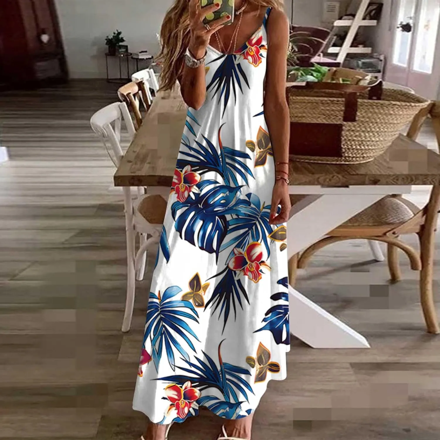 Mzkdieey Women's Beach Palm Trees Print Tropical Hawaiian Dress Spaghetti Strap V Neck Boho Long Maxi Dress Summer Sundress
