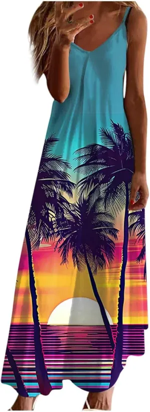 Mzkdieey Women's Beach Palm Trees Print Tropical Hawaiian Dress Spaghetti Strap V Neck Boho Long Maxi Dress Summer Sundress