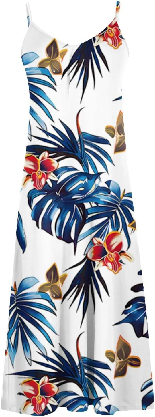 Mzkdieey Women's Beach Palm Trees Print Tropical Hawaiian Dress Spaghetti Strap V Neck Boho Long Maxi Dress Summer Sundress