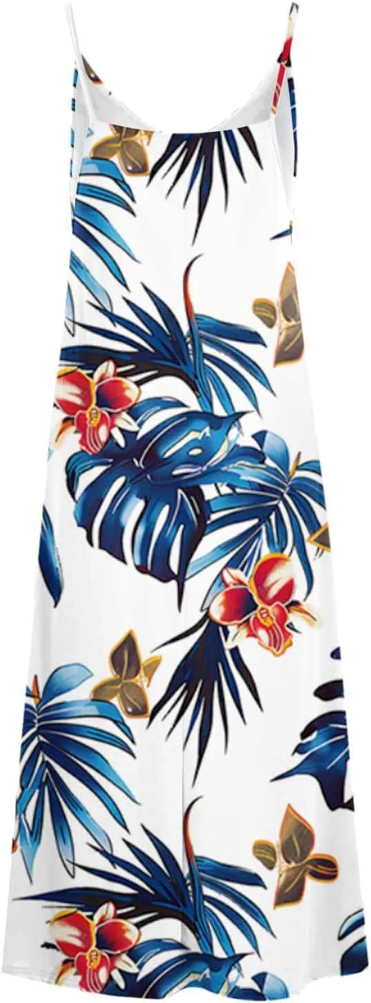 Mzkdieey Women's Beach Palm Trees Print Tropical Hawaiian Dress Spaghetti Strap V Neck Boho Long Maxi Dress Summer Sundress