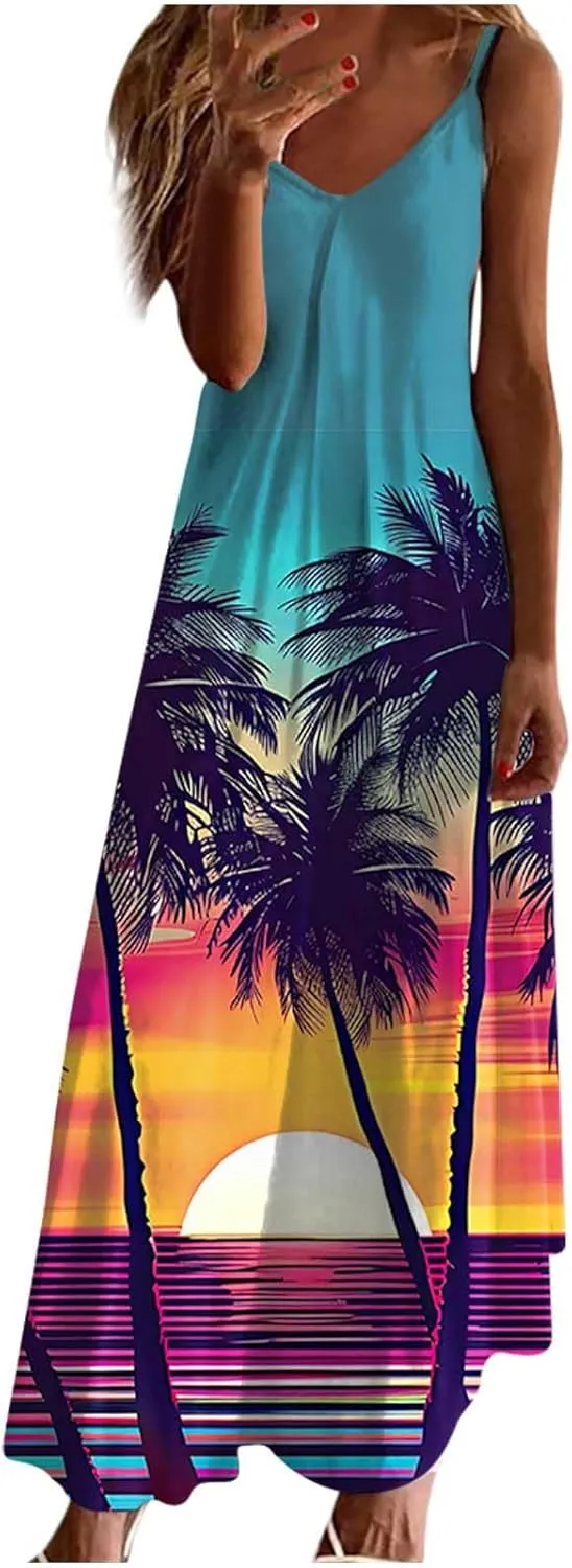 Mzkdieey Women's Beach Palm Trees Print Tropical Hawaiian Dress Spaghetti Strap V Neck Boho Long Maxi Dress Summer Sundress