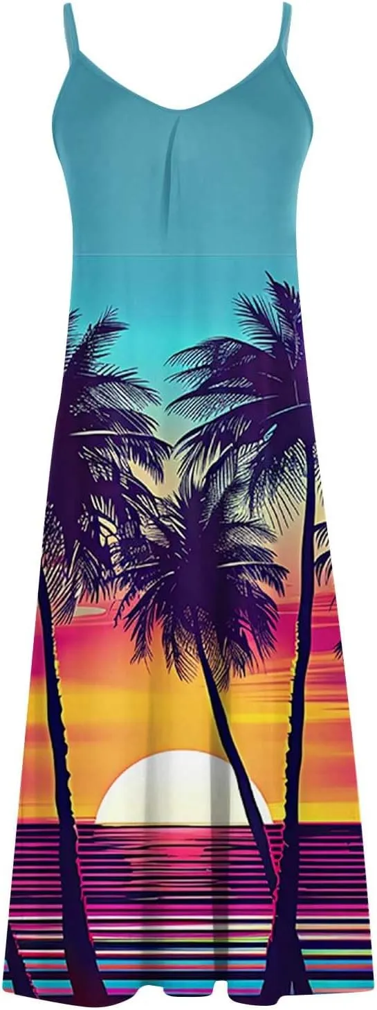Mzkdieey Women's Beach Palm Trees Print Tropical Hawaiian Dress Spaghetti Strap V Neck Boho Long Maxi Dress Summer Sundress