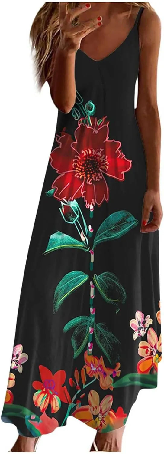 Mzkdieey Womens Casual Strappy V Neck Sleeveless Flowy Long Maxi Beach Dress Summer Bohemian Floral Print Cami Sundress