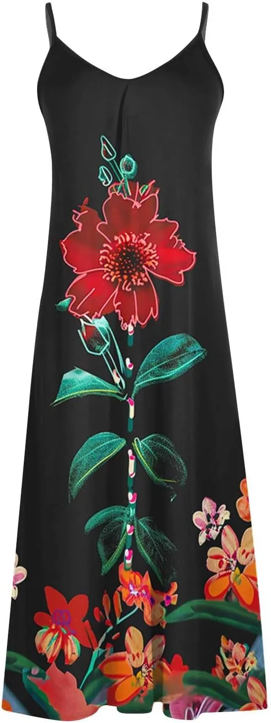 Mzkdieey Womens Casual Strappy V Neck Sleeveless Flowy Long Maxi Beach Dress Summer Bohemian Floral Print Cami Sundress