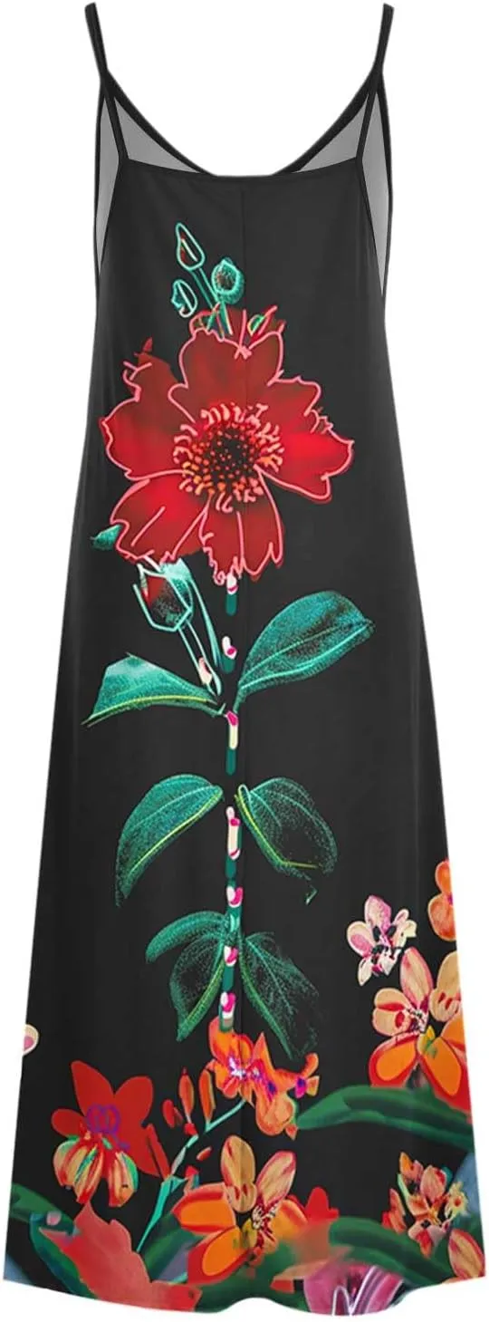 Mzkdieey Womens Casual Strappy V Neck Sleeveless Flowy Long Maxi Beach Dress Summer Bohemian Floral Print Cami Sundress