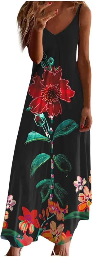 Mzkdieey Womens Casual Strappy V Neck Sleeveless Flowy Long Maxi Beach Dress Summer Bohemian Floral Print Cami Sundress