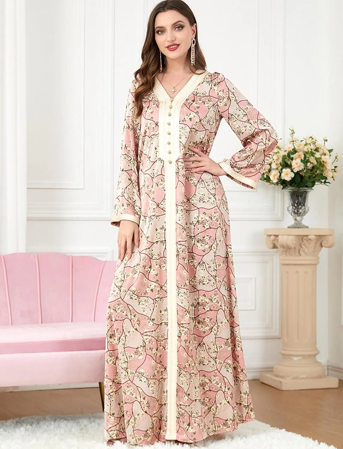 ODIZLI Abaya Dress For Women Muslim V Neck Floral Print Prayer Dress Dubai Islamic Kaftan for Eid Ramadan