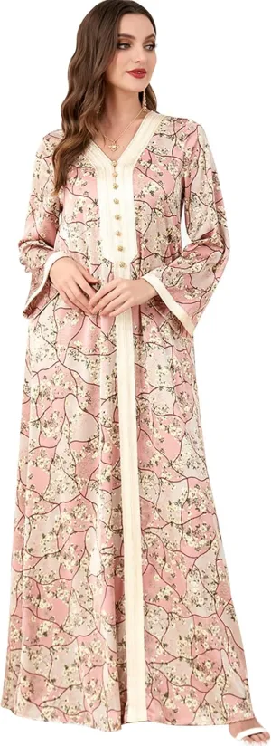 ODIZLI Abaya Dress For Women Muslim V Neck Floral Print Prayer Dress Dubai Islamic Kaftan for Eid Ramadan
