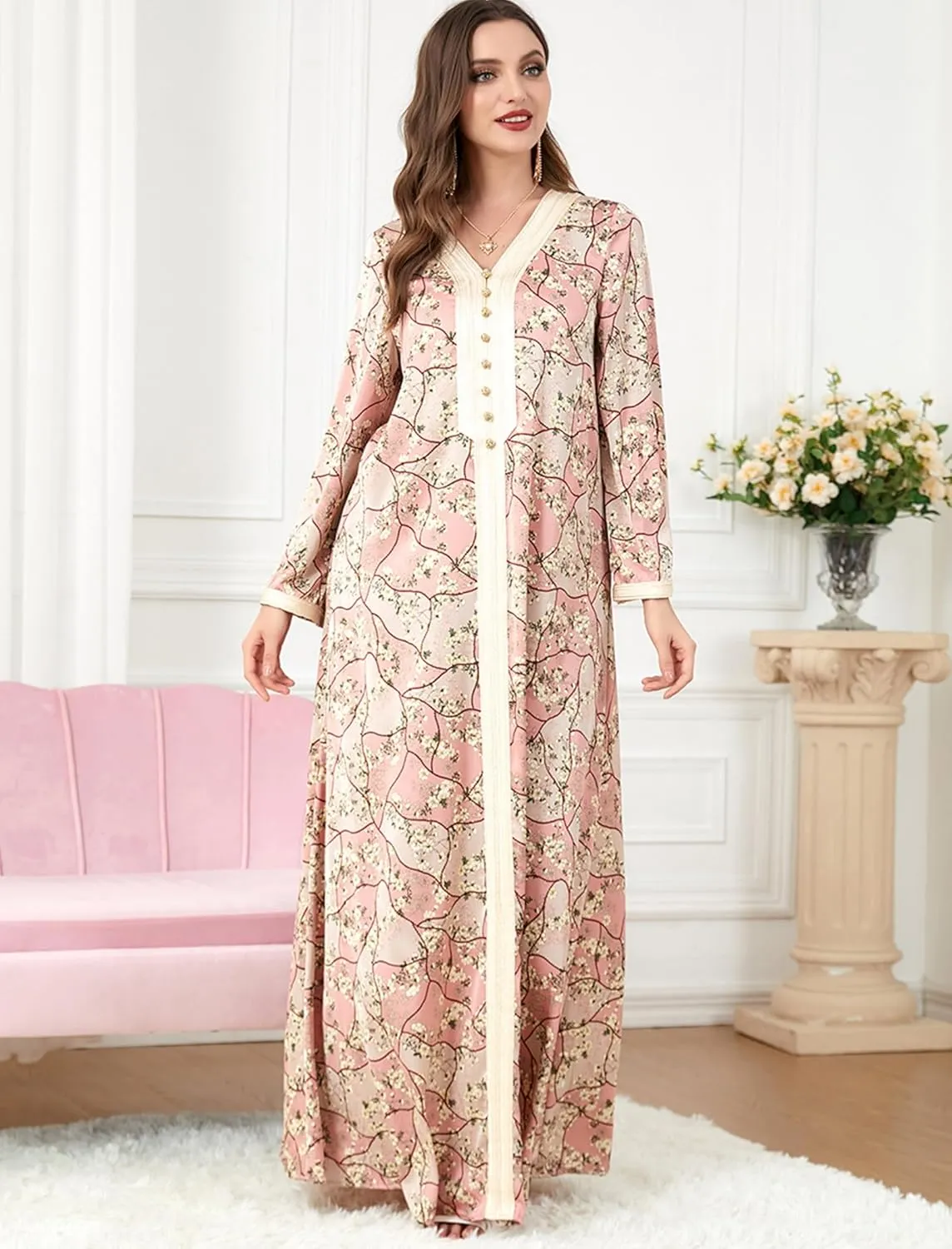 ODIZLI Abaya Dress For Women Muslim V Neck Floral Print Prayer Dress Dubai Islamic Kaftan for Eid Ramadan
