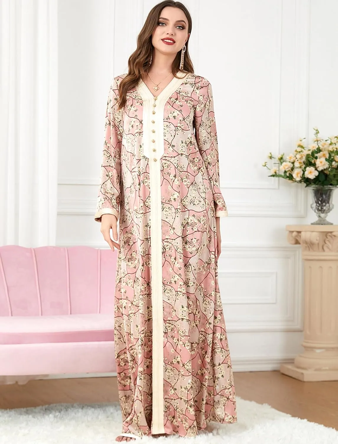 ODIZLI Abaya Dress For Women Muslim V Neck Floral Print Prayer Dress Dubai Islamic Kaftan for Eid Ramadan