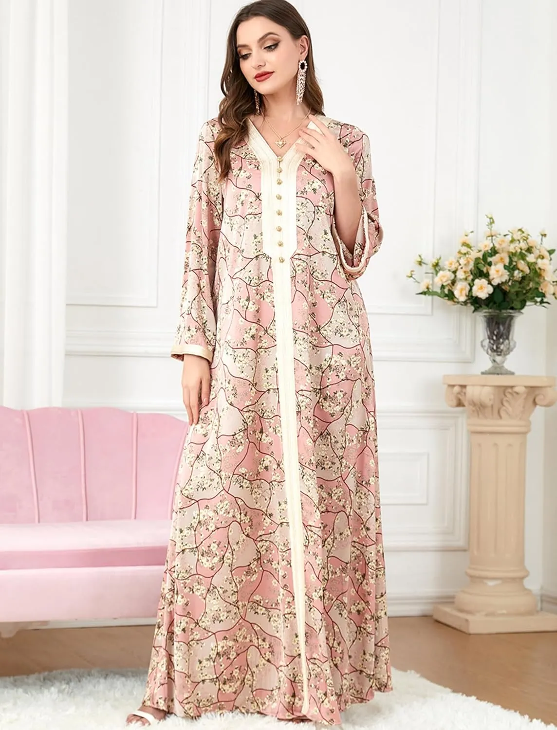 ODIZLI Abaya Dress For Women Muslim V Neck Floral Print Prayer Dress Dubai Islamic Kaftan for Eid Ramadan