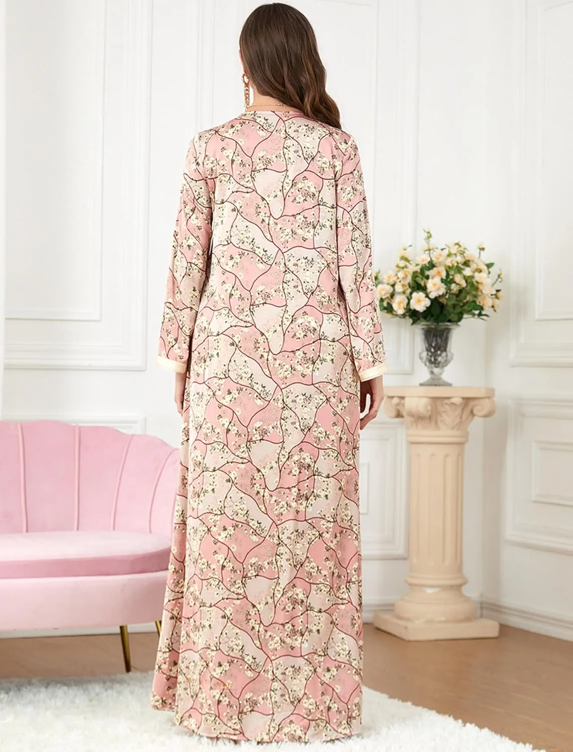ODIZLI Abaya Dress For Women Muslim V Neck Floral Print Prayer Dress Dubai Islamic Kaftan for Eid Ramadan