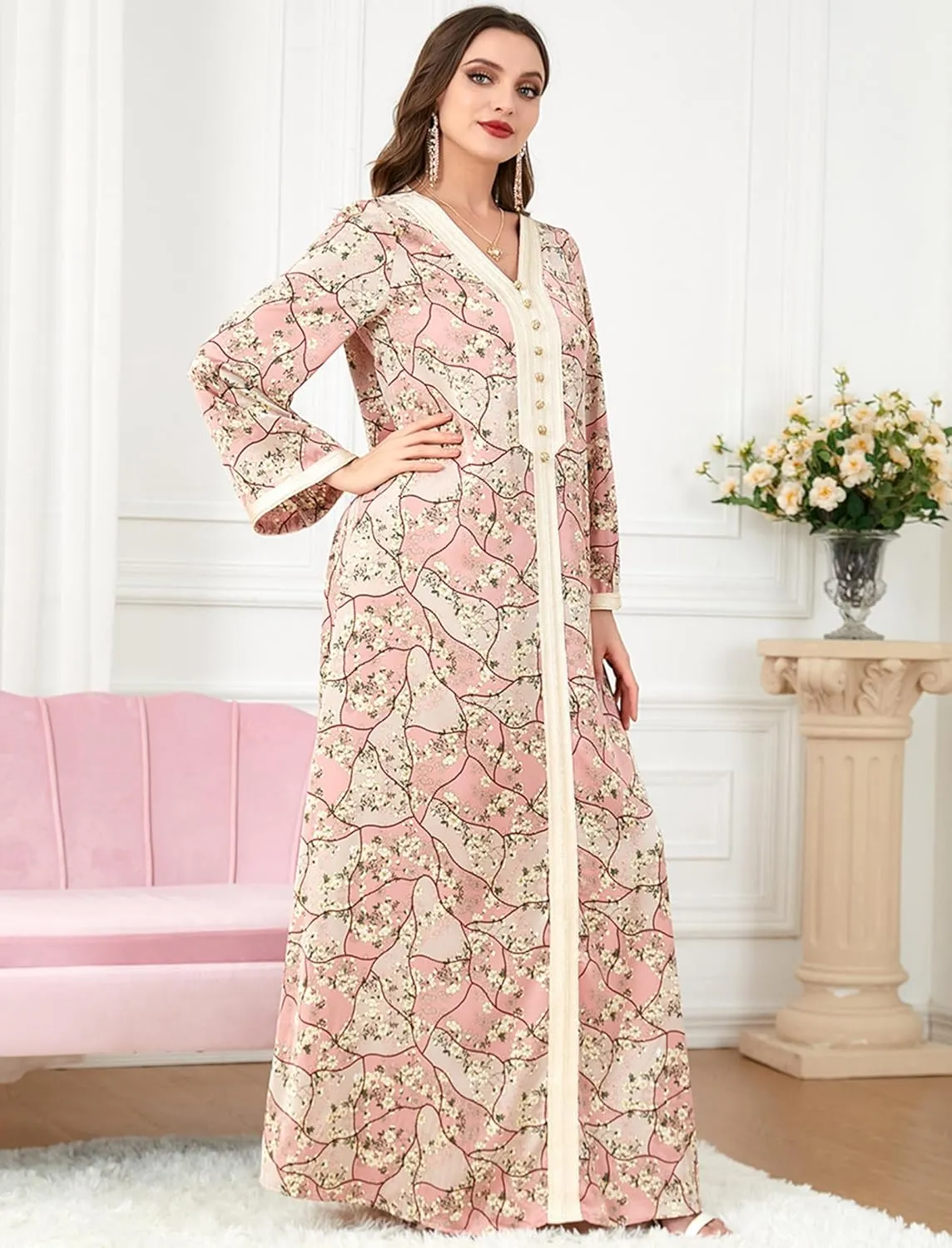 ODIZLI Abaya Dress For Women Muslim V Neck Floral Print Prayer Dress Dubai Islamic Kaftan for Eid Ramadan