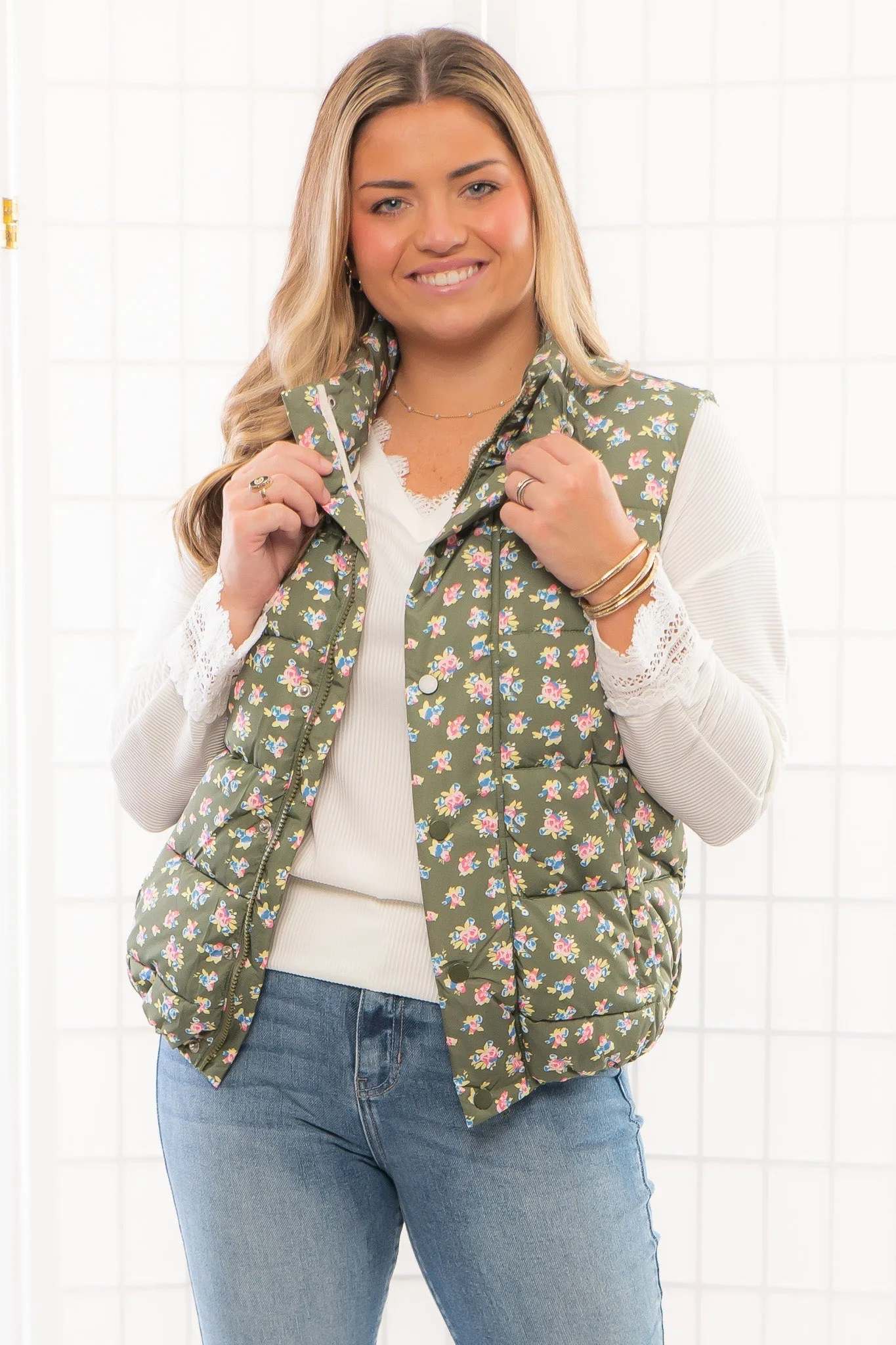 Olive Floral Puffer Vest