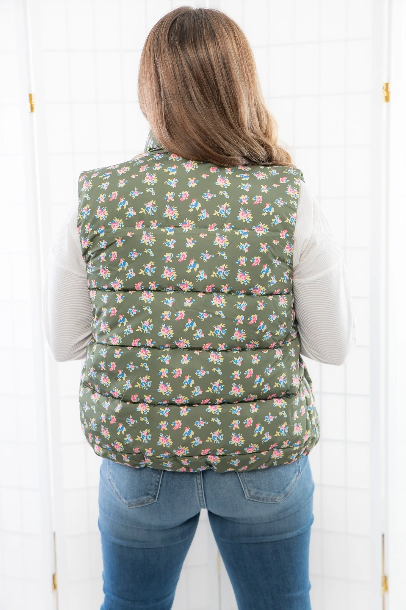 Olive Floral Puffer Vest
