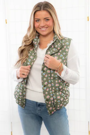 Olive Floral Puffer Vest