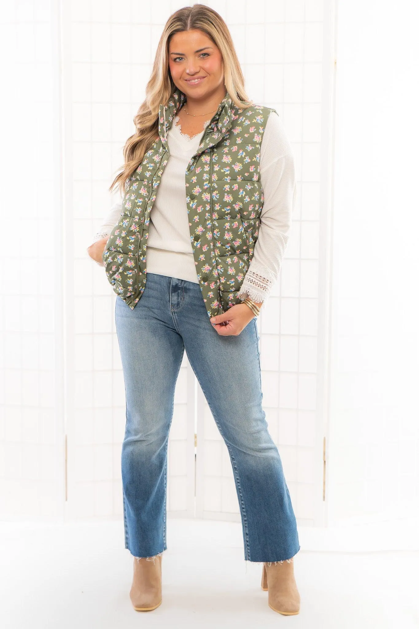 Olive Floral Puffer Vest