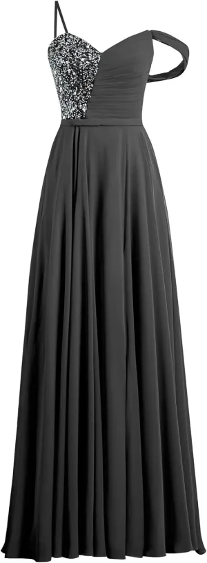 One Shoulder Chiffon Bridesmaid Dresses with Sequin Pleated A Line Formal Party Gowns with Slit
